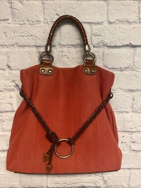 Fossil Key Per Salmon Color Canvas Tote with Brown Braided Accents